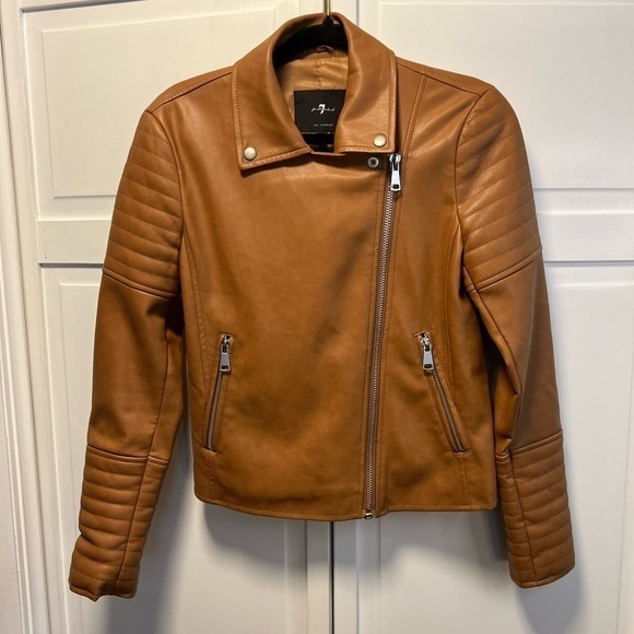 7 For All Mankind Faux Leather Moto Jacket Size Women’s Small Color Brown - Picture 1 of 13
